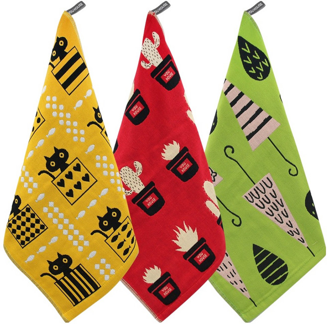 유하우스 북유럽풍 주방타올 3종 세트, 기프트블랙캣, 선인장, 빗방울그린, 1세트