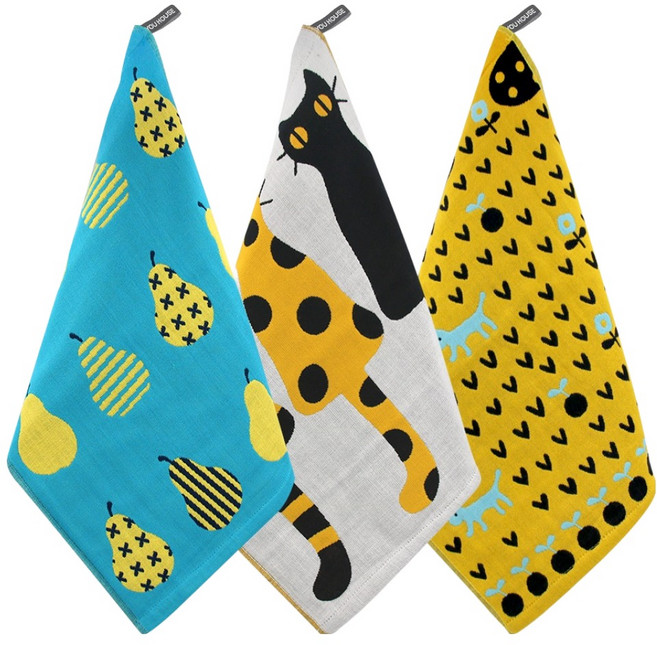 유하우스 북유럽풍 주방타올 3종 세트, 쓰리캣옐로, 산책블루독, 서양배, 1세트