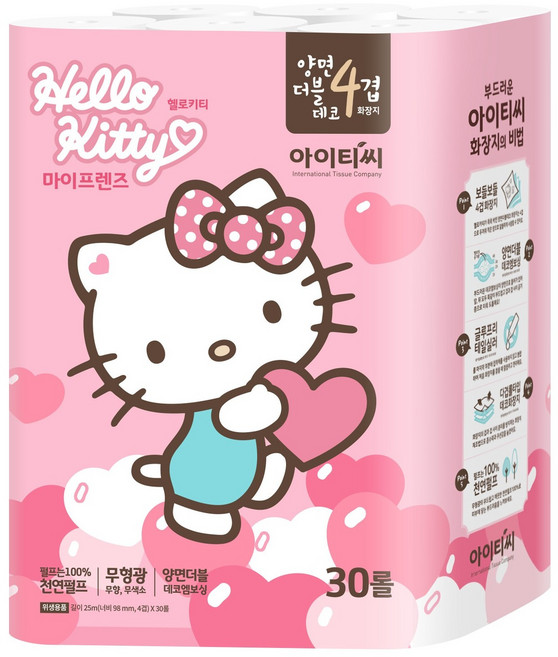 ITC 헬로키티 마이프렌즈 양면 더블 데코 천연펄프 4겹 롤 화장지, 25m, 30개입, 1개