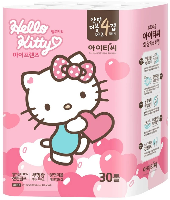 ITC 헬로키티 마이프렌즈 양면 더블 데코 천연펄프 4겹 롤 화장지, 25m, 30개입, 1개 - 쿠팡