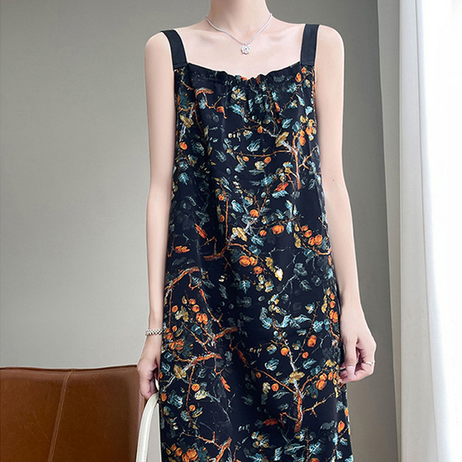 Goodif 女士鬆緊帶復古印花緞面碎花連身裙, 圖案2