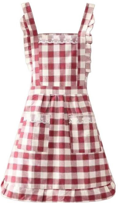 순잠 체크 레이스 공주 원피스 방수 앞치마, 레드, 1개