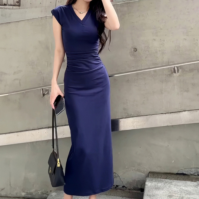 비비에모 여름 헬르 브이넥 캡소매 롱 원피스 10363