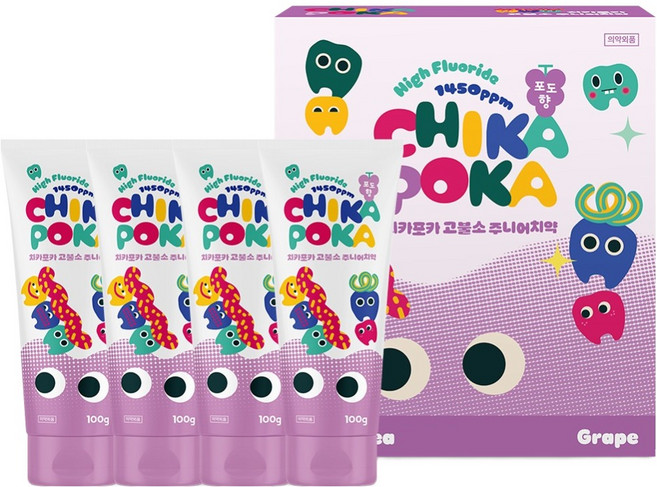 치카포카 고불소 충치케어 어린이 치약 포도향, 100g, 4개