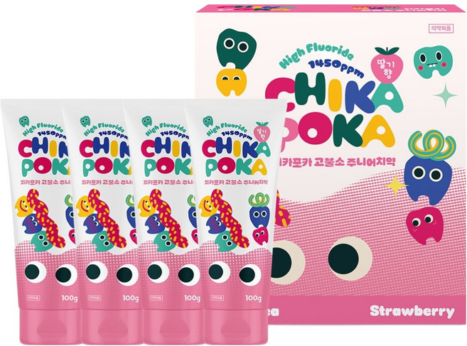 치카포카 고불소 충치케어 어린이 치약 딸기향, 100g, 4개
