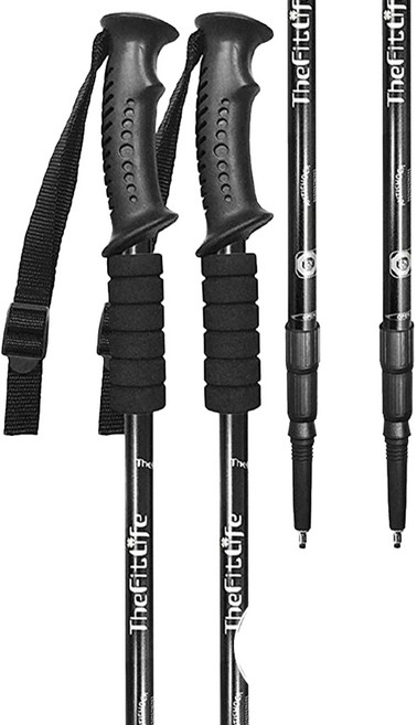 THEFITLIFE 四節伸縮鋁合金登山杖/伸縮杖/摺疊杖, 黑色, 2支