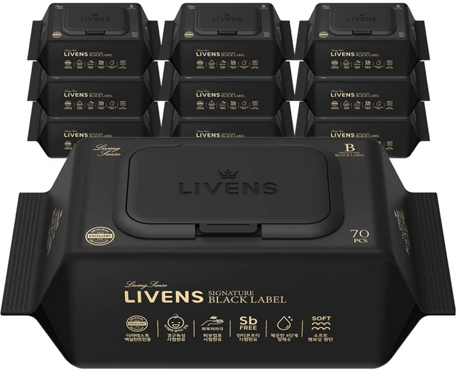 리벤스 시그니처 블랙라벨 아기 물티슈 엠보싱 캡형, 70g, 70매, 10개 - 쿠팡