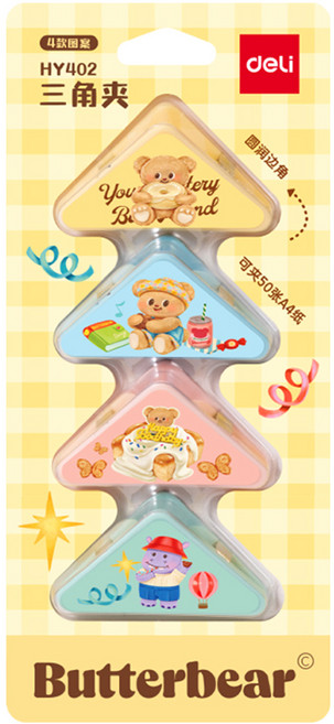 델리 버터베어 삼각 집게 클립 4종 세트, 옐로우, 블루, 핑크, 그린, 1세트