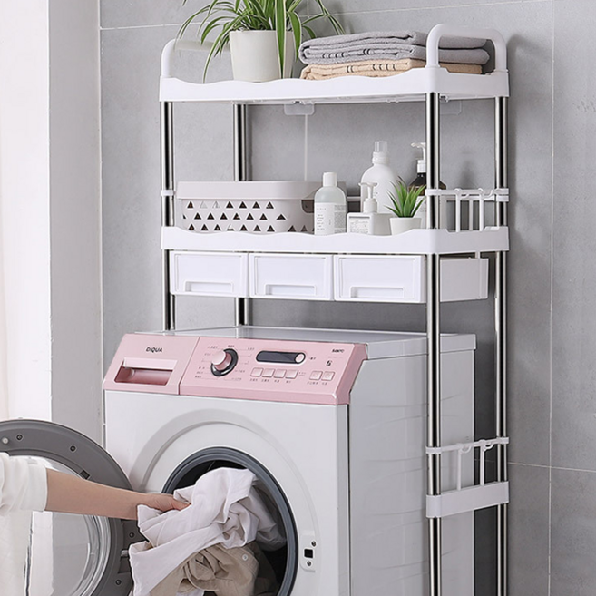 雙層不銹鋼洗衣機置物架 抽屜款, 白色, 1個