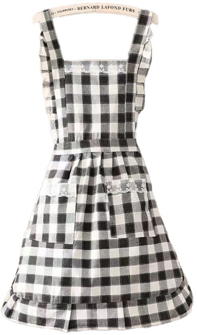 순잠 체크 레이스 공주 원피스 방수 앞치마, 블랙, 1개