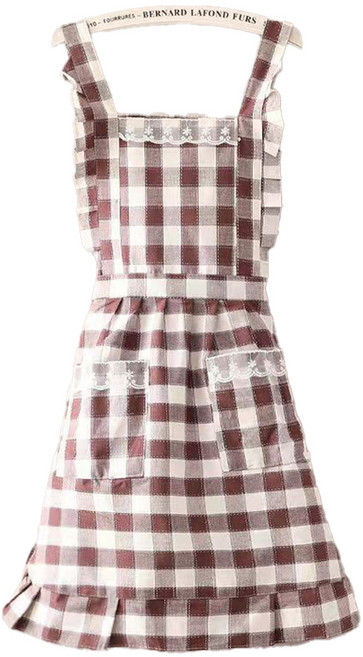 순잠 체크 레이스 공주 원피스 방수 앞치마, 브라운, 1개