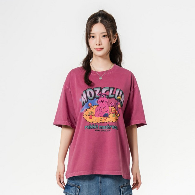 모즈모즈 남녀공용 하이래빗 오버핏 피그먼트 반팔 티셔츠