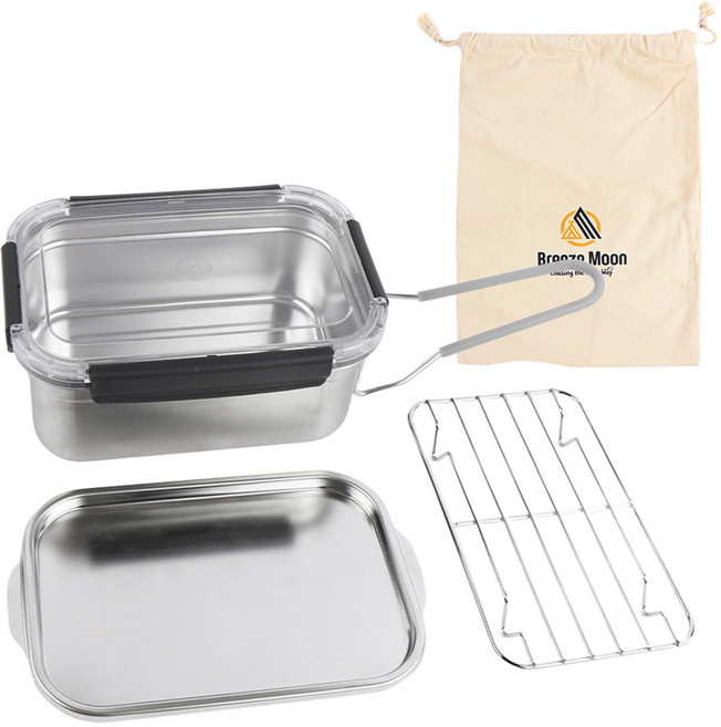 브리즈문 휴대용 사각 반합 코펠 포스코 스텐 304 J1 2.4L + 보관파우치 풀세트, 혼합색상, 1개