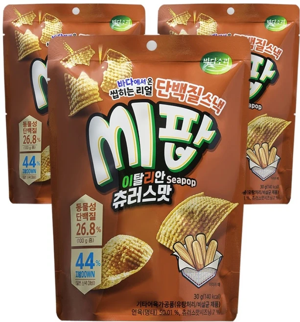 바다소리 씹히는 리얼 단백질스낵 씨팝 이탈리안츄러스, 30g, 3개 - 쿠팡