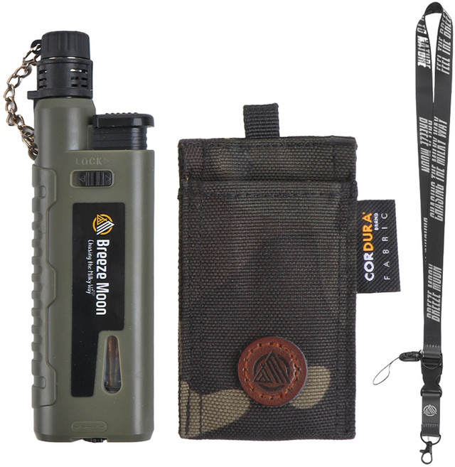 브리즈문 캠핑 슬라이드 가스 토치 터보 미니 라이터 + 토치케이스 + 랜야드 풀세트, 빈티지 올리브 그린(라이터), 블랙 캠(토치케이스), 1세트