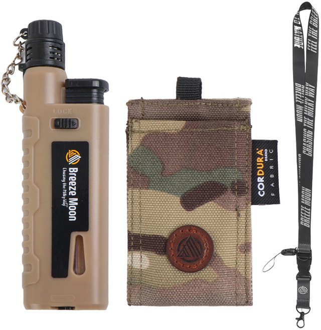 브리즈문 캠핑 슬라이드 가스 토치 터보 미니 라이터 + 토치케이스 + 랜야드 풀세트, 코요테 탄 베이지(라이터), 멀티 캠(토치케이스), 1세트