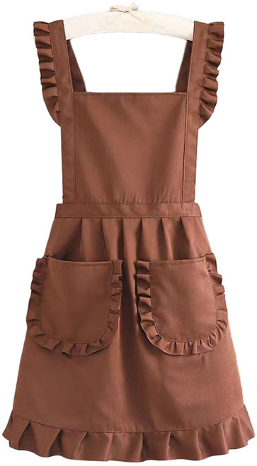 순잠 홈웨어 레이스 멜빵 포켓 숙녀 원피스 앞치마, 브라운, 1개