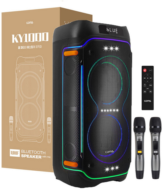 컴스 이동식 블루투스 무선 마이크 앰프 LED 버스킹 스피커, KY1000(100W), 블랙