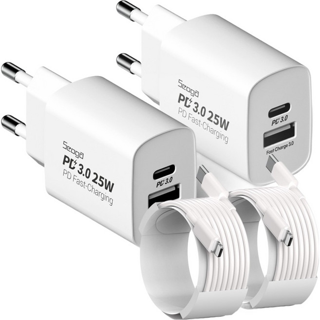 서가 C타입 초고속 충전기 25W PD3.0 PPS 2포트 멀티 + PD C to 라이트닝 8핀 케이블 3m 세트, 화이트, 2개