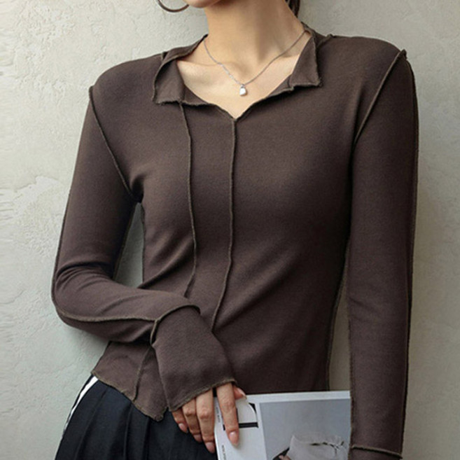 시크힐즈 여성용 브이넥 슬림핏 절개 슬릿 티셔츠 06290