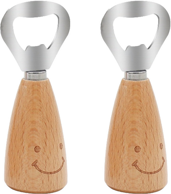 스마일 맥주 병따개 오프너, 우드, 2개