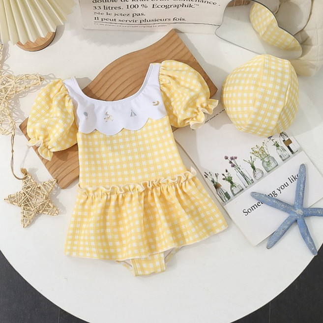이유몽 여아용 냐호 체크 퍼프 레이스 원피스 수영복 세트