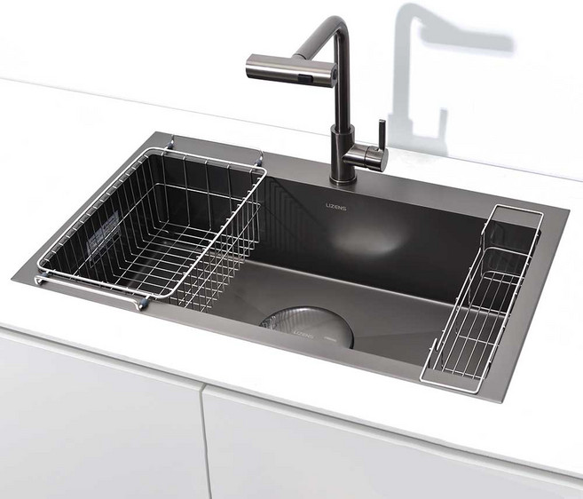 LIZENS 교체 리폼 전용 싱크볼 블랙 + 그릇건조망 + 배수구 + 폭포수전 세트 GQ 8503, 1세트