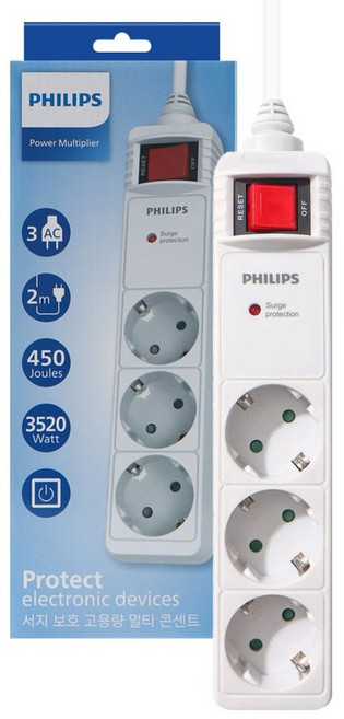 필립스 통합스위치 서지보호 프로 멀티탭 3구 CHP6232WA/61 16A 250V, 2m, 화이트, 1개