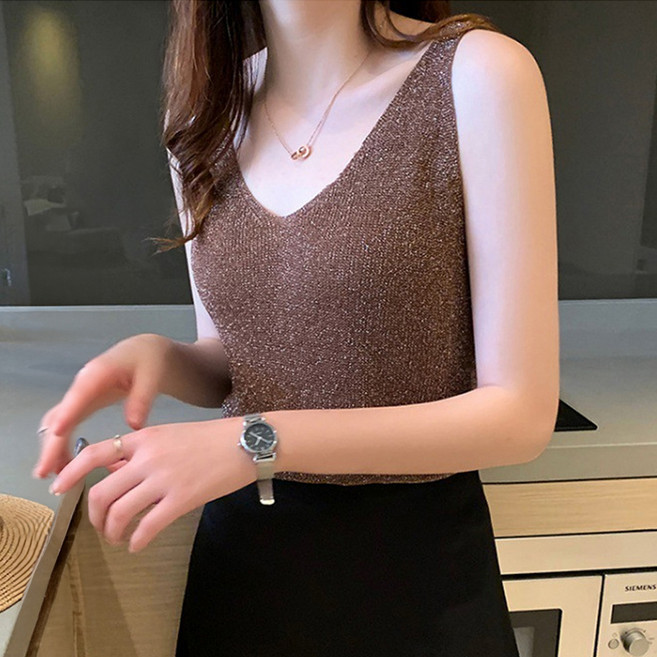 페이퍼먼츠 여성용 트윙클 브이넥 실키 펄 니트 나시 10269