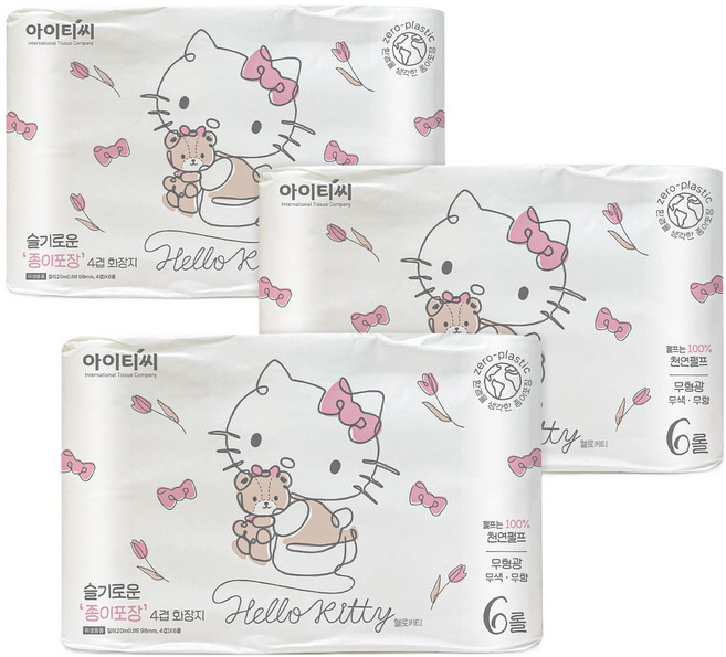 ITC 헬로키티 슬기로운 종이포장 천연펄프 4겹 양면더블데코 고급롤화장지, 20m, 6롤, 3개
