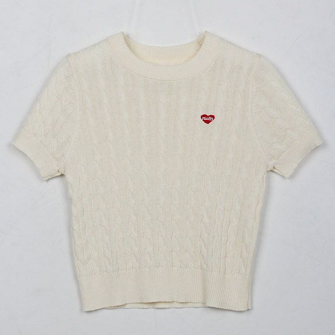 빼빼 여성용 라운드넥 꽈배기 영문레터링 하트자수 반팔 니트