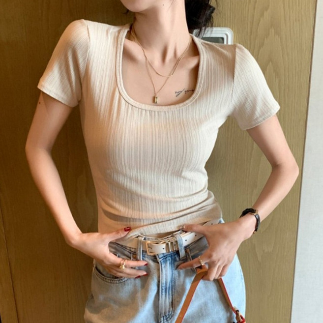 안다로미 여성용 소프트 터치 U넥 골지 반팔티