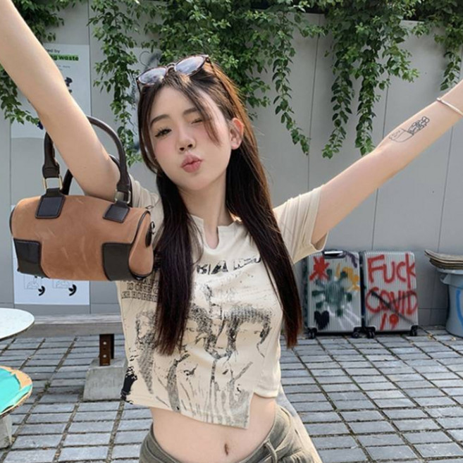 PEONIST 女款不對稱剪裁復古印花短袖T恤
