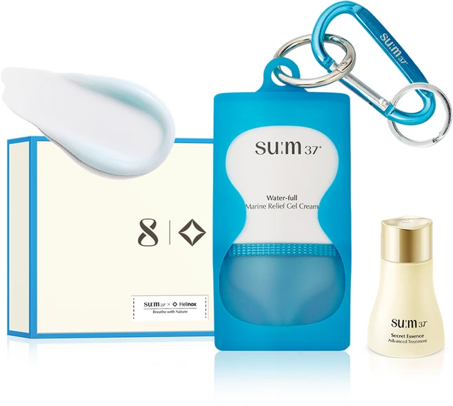 숨37도 헬리녹스 워터풀 마린 릴리프 히알루론산 수분 젤 크림 30ml + 시크릿 에센스 12ml + 카라비너 + 실리콘 케이스 세트, 1세트 - 쿠팡