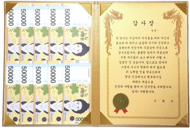 럭키심볼 황금 카네이션 숨어있는 용돈 DIY 속지 + 감사장 케이스 세트, 엄마, 1세트