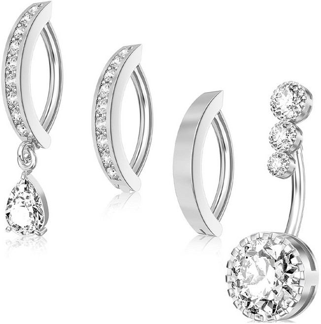 gelluna 女性用醫療鋼三重圓形鋯石夾式水滴肚臍環4件組 BP-31