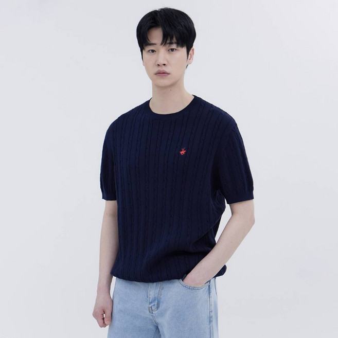 비버리힐스폴로클럽 남녀공용 라운드넥 꽈배기 케이블 반팔 니트 CPN7T80