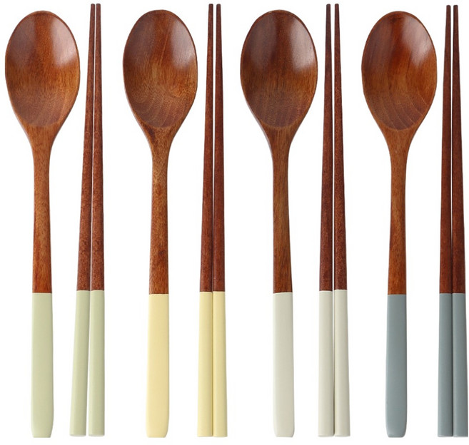 이와이엔스토리 파스텔 컬러핸들 옻칠 수저 4벌 세트, 레몬, 민트, 그레이, 블루, 숟가락 4p + 젓가락 4p, 1세트