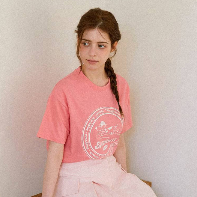 슬로우롤리 여성용 통기성 Circle dog printed 반팔 티셔츠