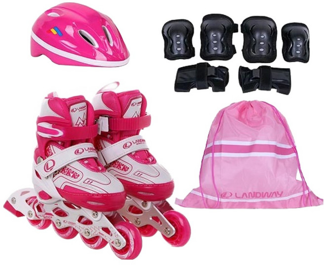 랜드웨이 아동용 스피드 인라인 스케이트 + 헬멧 + 보호대 + 가방 세트, 핑크(스케이트), 랜덤발송(가방), 1세트