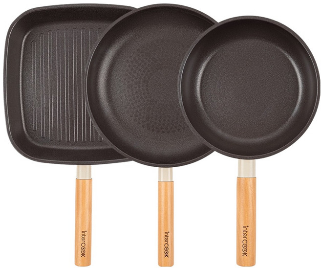 인터쿡 인덕션 포레스트 후라이팬 세트 3개, 베이지, 1세트, 사각팬 27cm + 후라이팬 28cm + 후라이팬 20cm