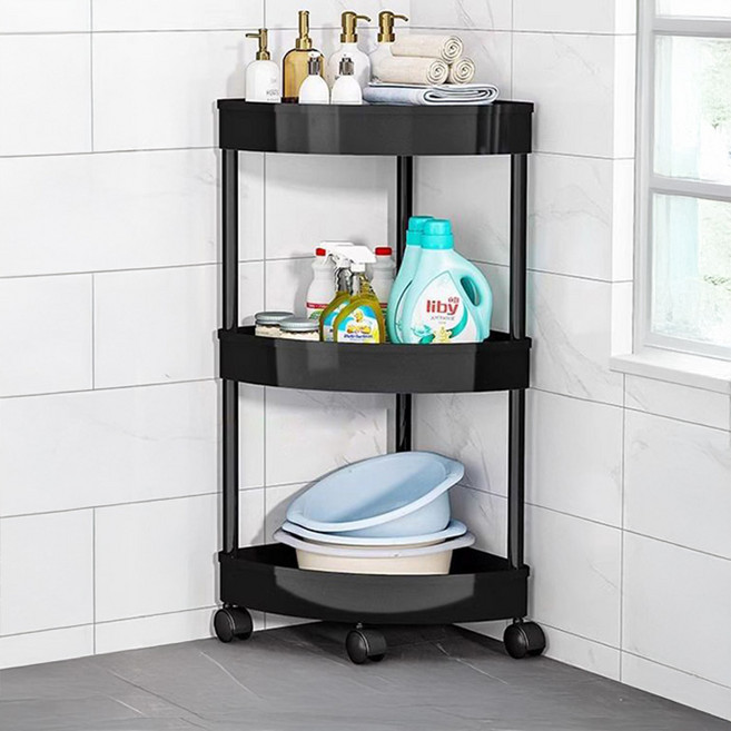 욕실 이동식 코너 트롤리, 블랙, 3단