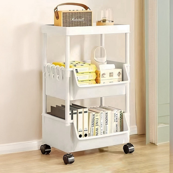 앞트임 장난감 책정리 이동식 트롤리, 화이트, 3단