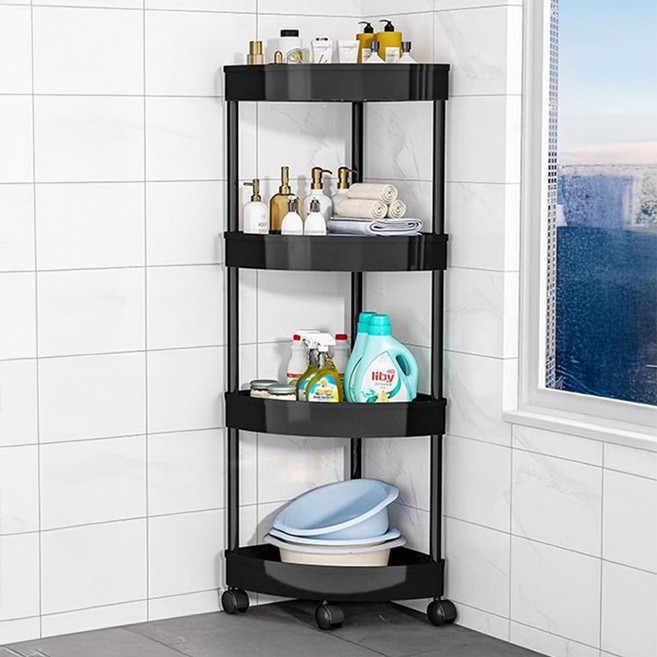 욕실 이동식 코너 트롤리, 블랙, 4단