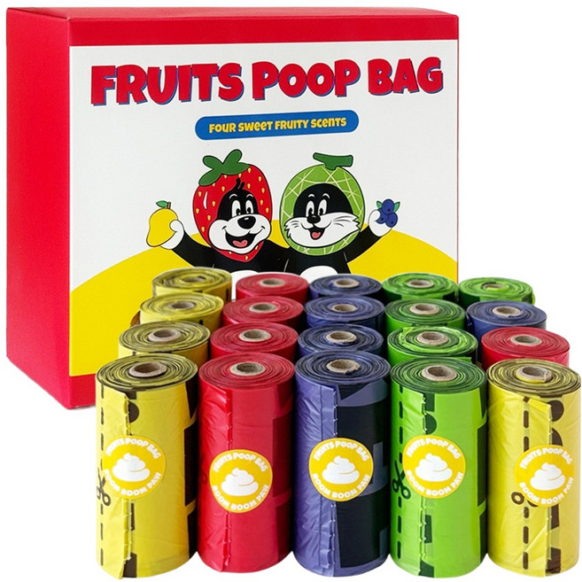 붐붐포 강아지 대용량 과일 풉백 산화생분해 향기나는 배변봉투 리필 세트, 옐로우, 레드, 퍼플, 그린, 1개, 300개입