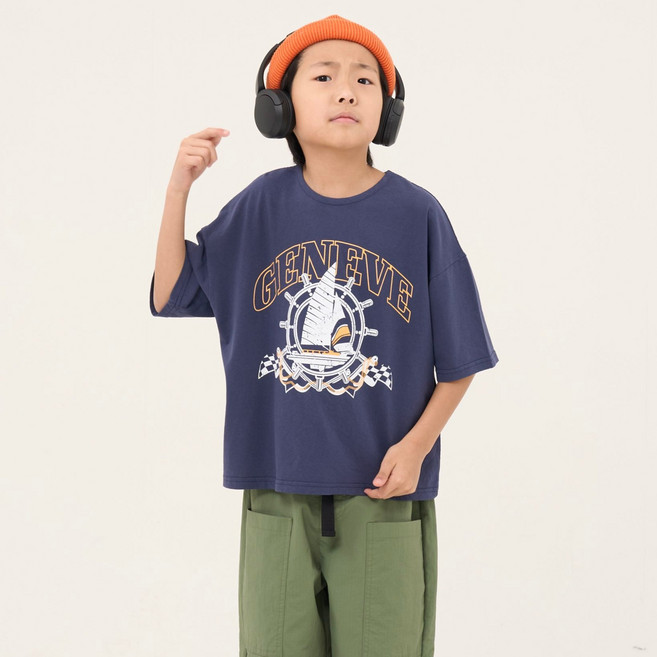 쿠르나르 남아용 통기성 세일링 오버 사이즈 드롭 숄더 반팔 티셔츠