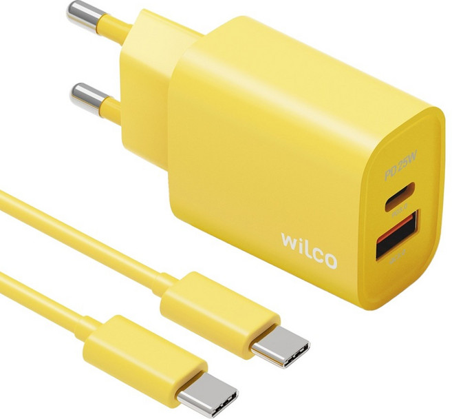 윌코 25W 2포트 멀티 PPS PD3.0 초고속 충전기 + C타입-C타입 케이블 1.5m 세트, 옐로우, 1세트