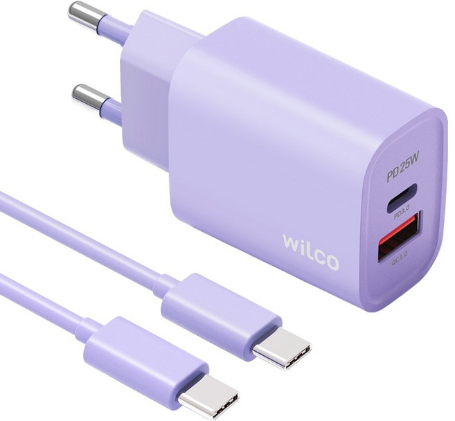 윌코 25W 2포트 멀티 PPS PD3.0 초고속 충전기 + C타입-C타입 케이블 1.5m 세트, 퍼플, 1세트