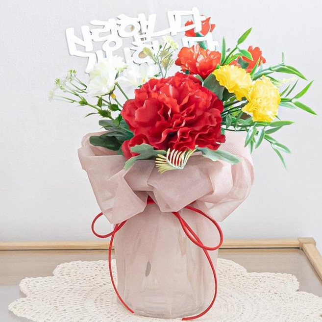 플라워트리 고급 플라워 카네이션 실크 화병 세트 26cm, 레드, 1세트