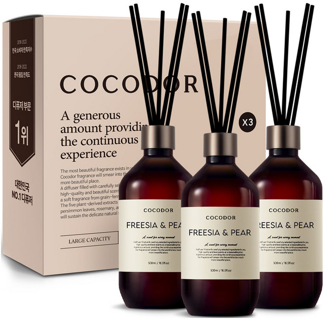 코코도르 프리미엄 디퓨저 + 섬유스틱 7p, 프리지아앤페어, 500ml, 3개